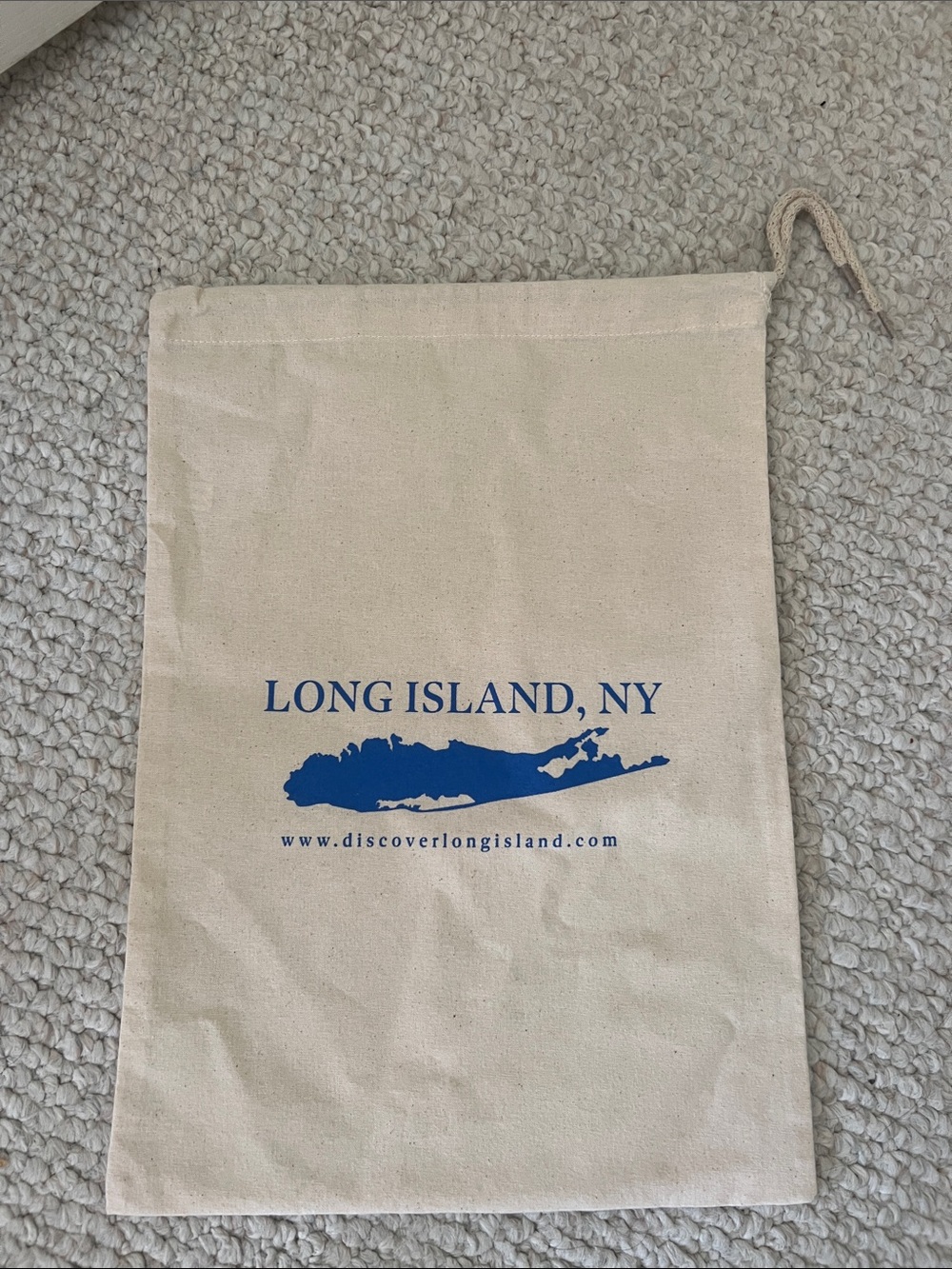 Long Island, NY Natural Canvas Drawstring Bag in Blue - Great Shoe Bag! New!